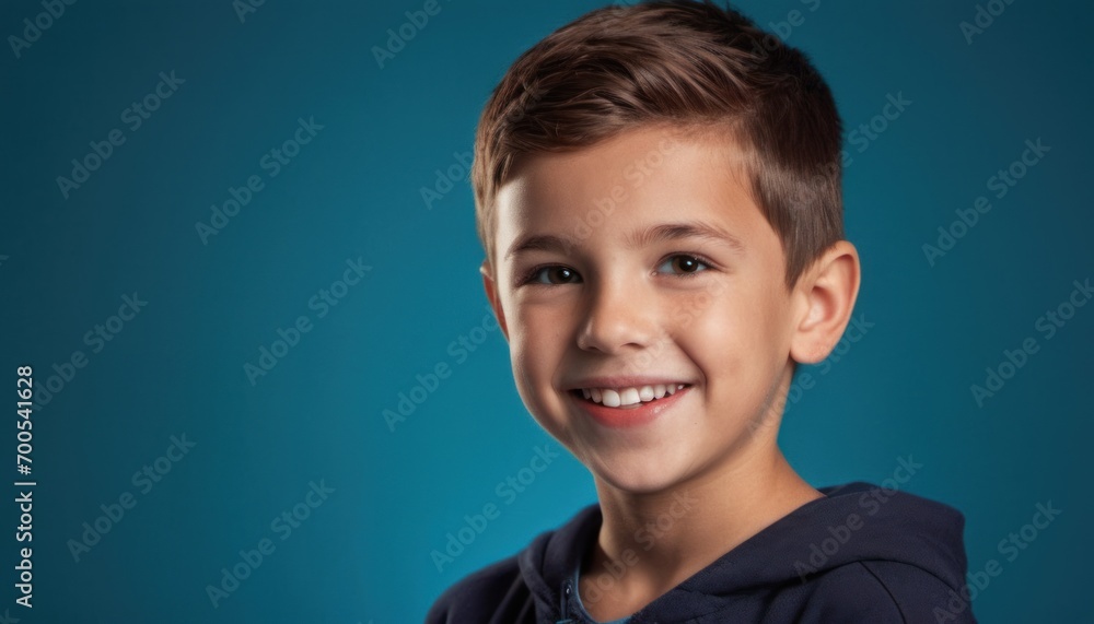a young boy with a toothbrush in his mouth and wearing a blue hoodie and smiling at the camera with a blue background behind him is a blue backdrop. a young boy with a toothbrush in his mouth and wearing a blue hoodie and smiling at the camera with a blue background behind him is a blue backdrop.