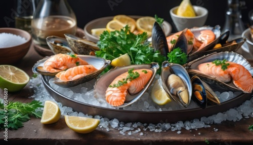  a platter of seafood on a bed of ice with lemons, parsley, parsley, parsley, parsley, and a lemon slice of lime.