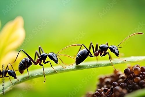 Get up close to a trail of ants as they carry food or navigate through their environment, revealing their industrious nature, background image, generative AI © Hifzhan Graphics