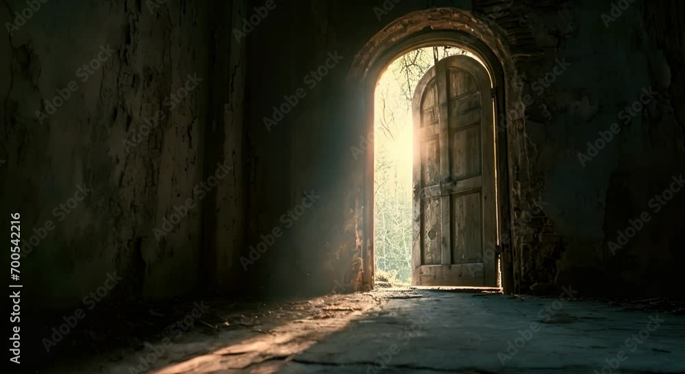 A doorway with sunlight streaming into an abandoned space. The concept of hope A doorway with sunlight streaming into an abandoned space. The concept of hope