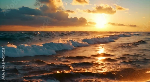 Sunset over the sea with waves reflecting the golden sunlight. The concept of tranquility and the grandeur of nature. photo