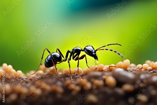 Get up close to a trail of ants as they carry food or navigate through their environment, revealing their industrious nature, background image, generative AI © Hifzhan Graphics