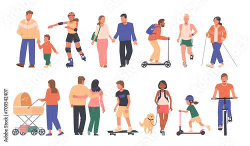 People actively spend time outdoors. Set of characters walking, riding bicycles and scooters