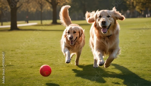  a couple of dogs running across a lush green field next to a red ball in the middle of the grass with trees in the back ground behind them and a red ball in the foreground.