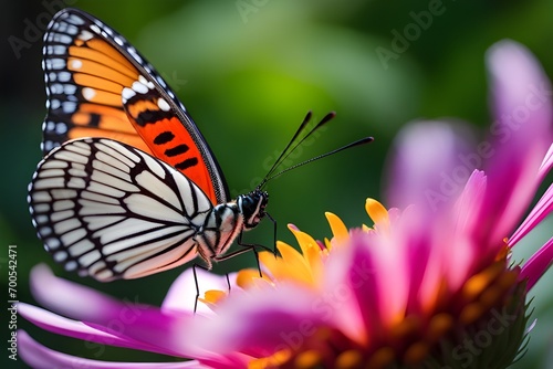 Zoom in on a butterfly resting on a vibrant flower, highlighting the colors and patterns of both the insect and the bloom, background image, generative AI
