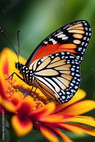 Zoom in on a butterfly resting on a vibrant flower, highlighting the colors and patterns of both the insect and the bloom, background image, generative AI