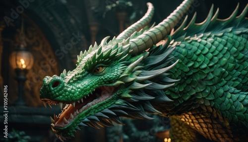  a close up of a green dragon statue with it's mouth open and it's eyes wide open and it's mouth wide open, with its mouth wide open.