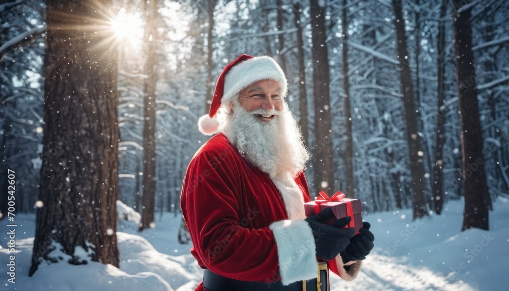  a man dressed as santa claus holding a present in a snowy forest with sun flares through the trees and snow falling on the ground and snow on the ground.