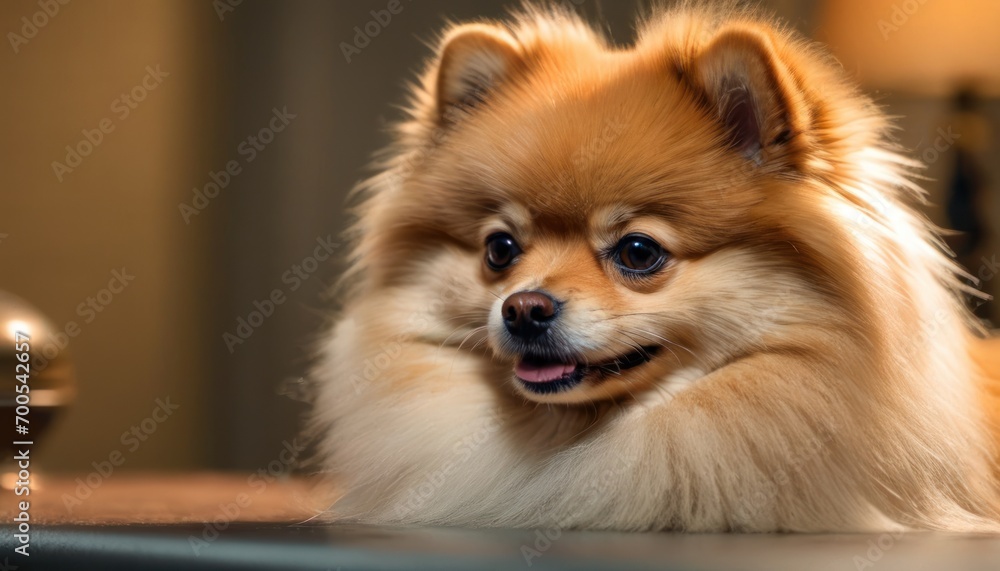  a small brown dog sitting on top of a table next to a bowl of food and a teapot on the other side of the table and a lamp on the other side of the table.