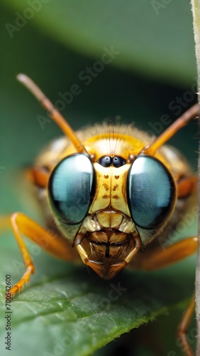 Macro shot that captures the gaze of an insect through its eyes. Zoom in to showcase the individual lenses and the reflections, background image, generative AI