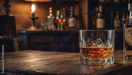  a glass of whiskey sitting on top of a wooden table next to a bottle of whiskey and a bottle of whiskey on a wooden table in front of a bar.