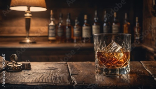  a glass of whiskey sitting on top of a wooden table next to a bottle of liquor and a corkscrew with a bottle opener on the side of the glass. photo