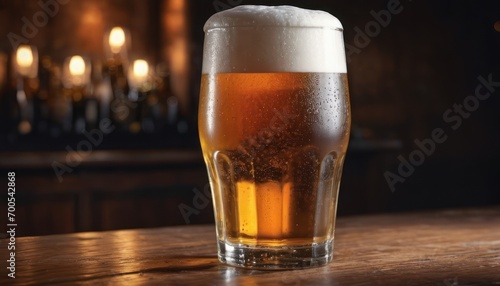  a glass of beer sitting on top of a wooden table next to a wall of candles and candlesticks in a dark room with a wooden bar in the background.