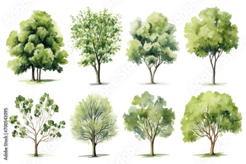 set of watercolor trees isolated on white. hand drawn for architecture or decorative
