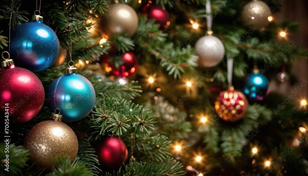  a close up of a christmas tree with a lot of ornaments hanging from it's branches and lights on the tree in the back ground and a blurry background.