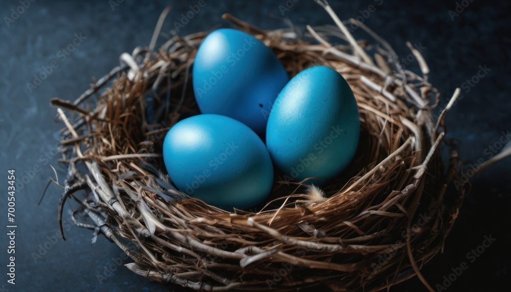 three blue eggs sit in a nest on a black surface, one is in the middle of the nest, and the other is in the middle of the nest. three blue eggs sit in a nest on a black surface, one is in the middle of the nest, and the other is in the middle of the nest.