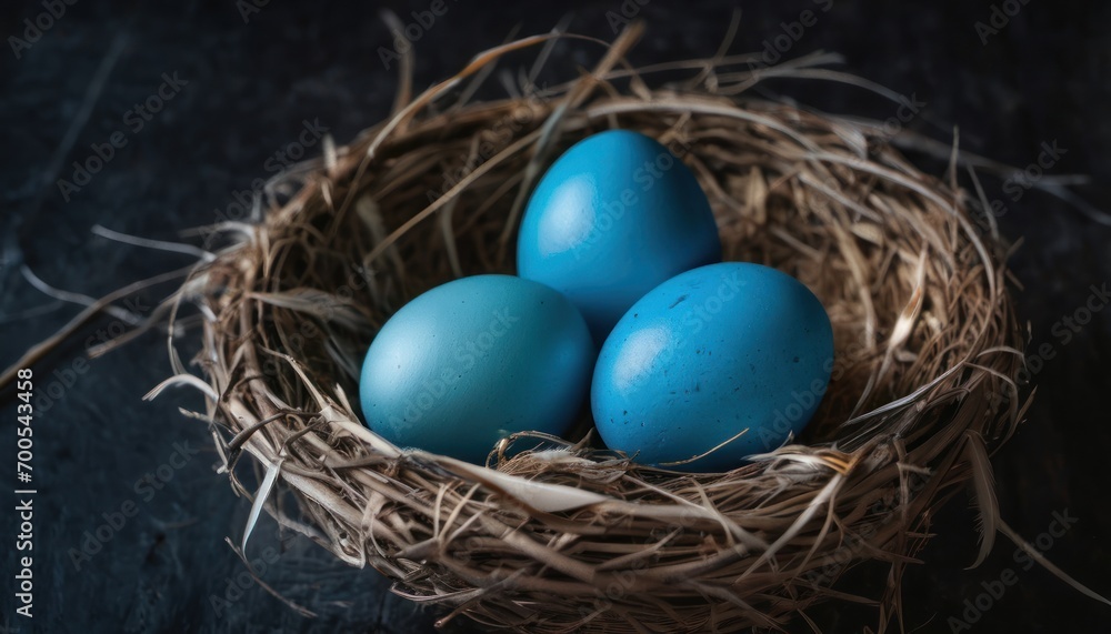 a nest filled with three blue eggs on top of a wooden table next to a black wall and a black tablecloth with a black table cloth and a black background. a nest filled with three blue eggs on top of a wooden table next to a black wall and a black tablecloth with a black table cloth and a black background.