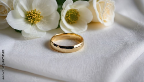  a close up of a gold wedding ring on a white cloth with white flowers in the background and a gold ring on the side of the ring is laying on a white cloth.