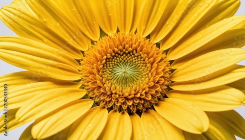  a close up view of a yellow flower with drops of water on it s petals and the center of the flower with a white background with a blue sky in the background.