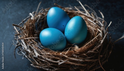  three blue eggs sit in a nest on a black surface, one is in the middle of the nest, and the other is in the middle of the nest.