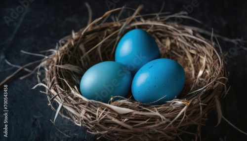  a nest filled with three blue eggs on top of a wooden table next to a black wall and a black tablecloth with a black table cloth and a black background.