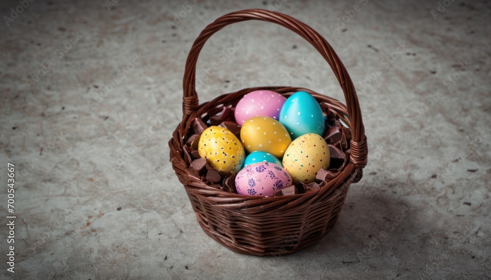  a wicker basket filled with easter eggs on top of a white counter top with speckles on the outside of the eggs and the inside of the basket, on the outside of the inside of the outside of the basket.