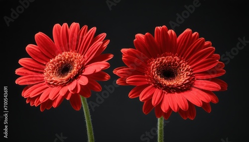  two red gerberia flowers in a vase on a black background with a reflection of the same flower in the vase on the opposite side of the same flower.