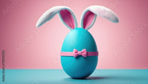  a blue egg with bunny ears and a pink bow on it, sitting on a blue surface, with a pink background and a light pink wall behind the egg.