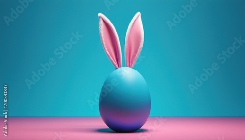  a blue egg with a pink bunny's ears sticking out of it's side, on a pink surface, with a blue background that appears to be blurry.