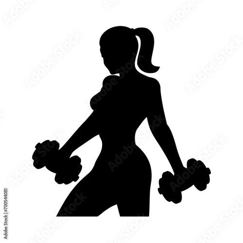 Logo gimnasio de fitness. Silueta de mujer musculosa culturista levantando pesas
