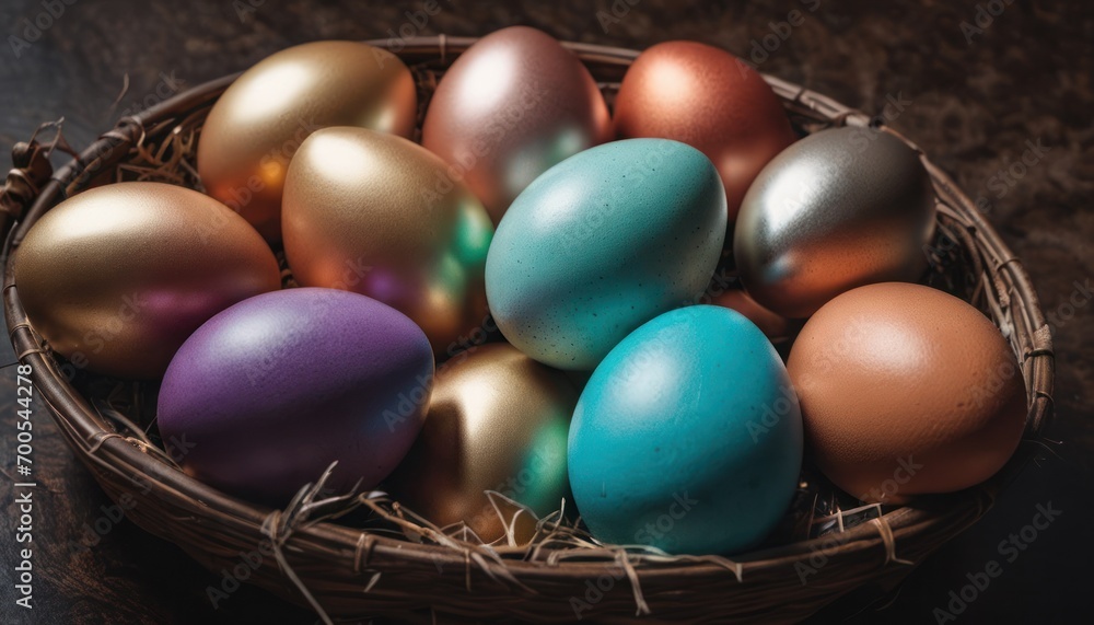 a basket filled with different colored eggs sitting on top of a wooden table next to a pile of hay on top of a wooden table next to a black surface. a basket filled with different colored eggs sitting on top of a wooden table next to a pile of hay on top of a wooden table next to a black surface.