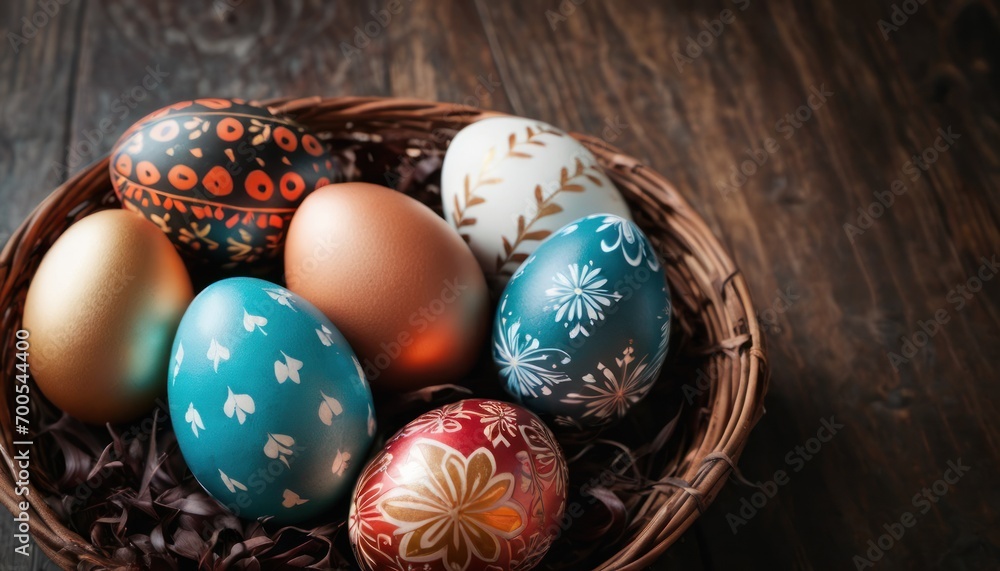 a basket filled with colorfully painted eggs on top of a wooden table next to a basket of eggs with a painted design on the side of the eggs in the basket. a basket filled with colorfully painted eggs on top of a wooden table next to a basket of eggs with a painted design on the side of the eggs in the basket.