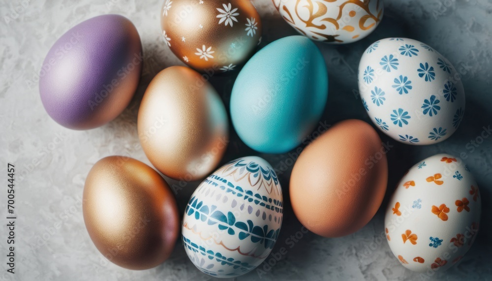 a group of different colored eggs sitting on top of a white counter top with a blue and orange design on one of the eggs, and a blue and white pattern on the other. a group of different colored eggs sitting on top of a white counter top with a blue and orange design on one of the eggs, and a blue and white pattern on the other.