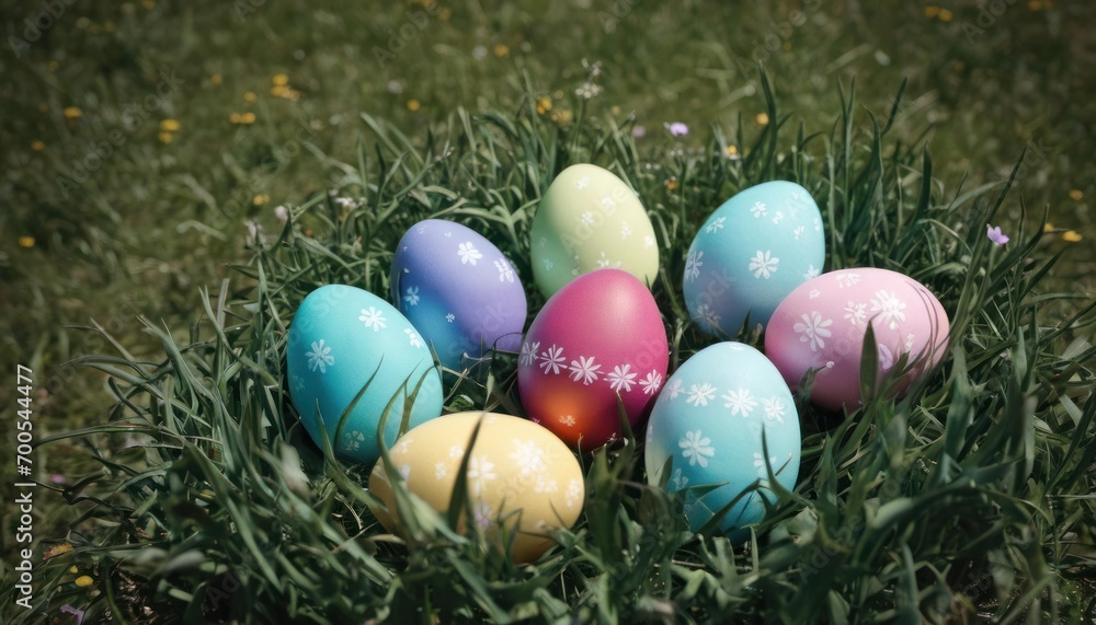 a bunch of colorful eggs sitting in a pile on top of a green grass covered field with a snowflaked design on the top of each of the eggs. a bunch of colorful eggs sitting in a pile on top of a green grass covered field with a snowflaked design on the top of each of the eggs.