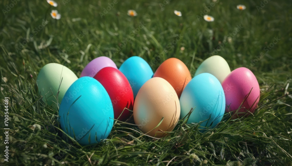  a row of colored eggs sitting on top of a lush green grass covered field with daisies in the background, with a row of colored eggs sitting in the middle of the grass.