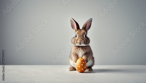  a brown rabbit sitting on top of a table next to an orange and white polka dot easter egg in front of it's face, on a gray background.