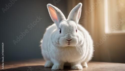  a white rabbit sitting on top of a wooden table in front of a window with sunlight streaming through the window pane behind it and a light shining on the rabbit's head.