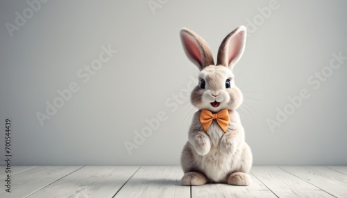  a rabbit with a bow tie sitting in front of a gray background with a wooden floor in the foreground and a gray wall in the background with a wooden floor. photo