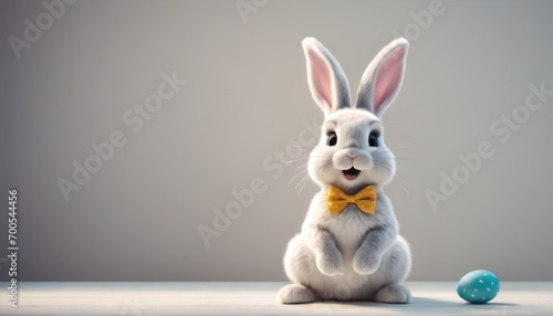  a white rabbit with a yellow bow tie sitting in front of a blue and white easter egg on a table with a gray wall behind it and a gray background.