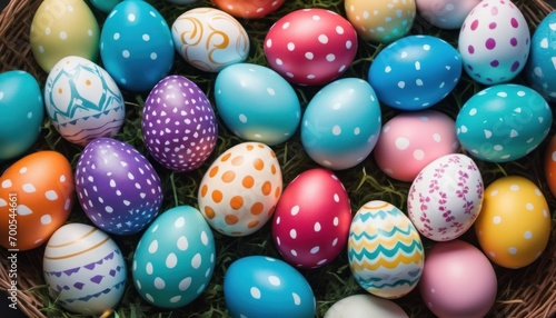  a basket filled with lots of colorful easter eggs on top of a green grass covered ground next to a basket of eggs with white polka dots on top of eggs. © Jevjenijs