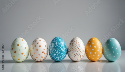  a row of painted eggs sitting next to each other on a white surface with a gray wall in the background and a gray wall in the background with white dots.
