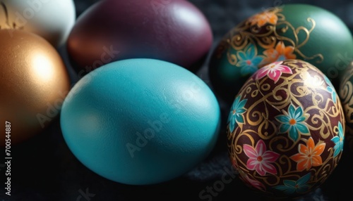  a group of different colored eggs sitting on top of a black cloth covered table next to an egg with a flower design on the side of the egg is surrounded by smaller eggs.