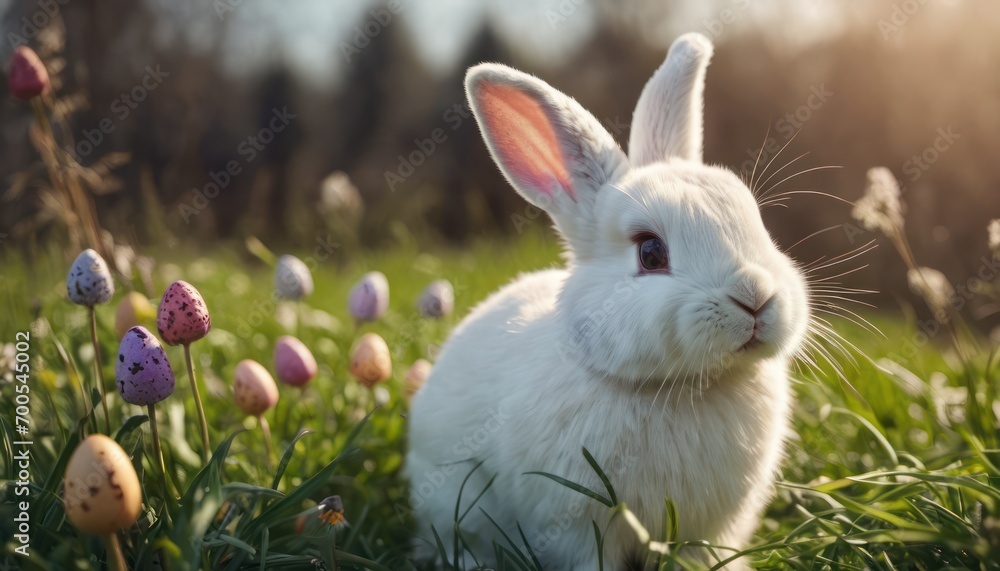 a white rabbit sitting in a field of grass next to a bunch of flowers and eggs with the sun shining on the grass and trees in the back of the background. a white rabbit sitting in a field of grass next to a bunch of flowers and eggs with the sun shining on the grass and trees in the back of the background.