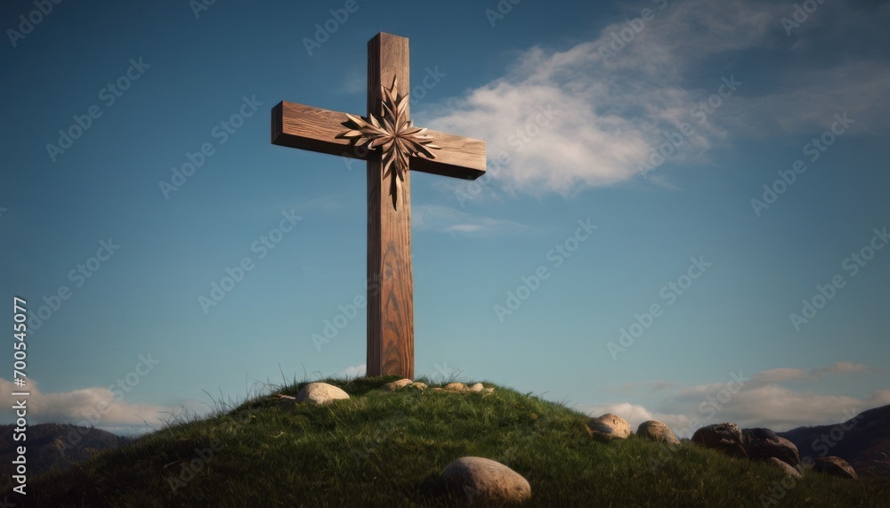 a wooden cross sitting on top of a lush green hill under a blue sky with a sunburst in the center of the cross and a few white clouds in the sky. a wooden cross sitting on top of a lush green hill under a blue sky with a sunburst in the center of the cross and a few white clouds in the sky.