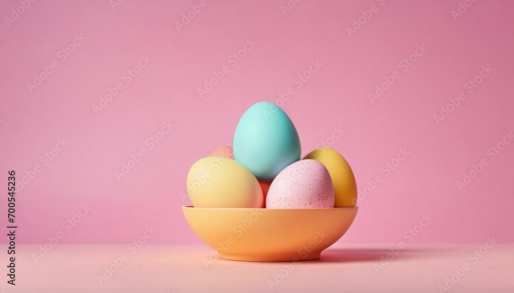  a yellow bowl filled with colored eggs on top of a pink surface with a pink wall in the background and a pink wall in the background with a pink wall.