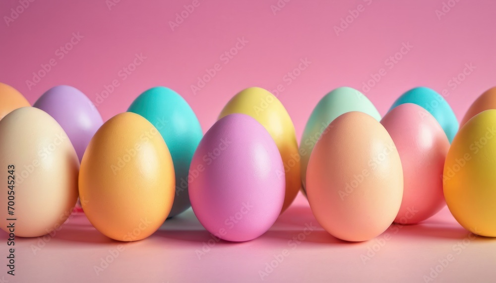 a row of pastel colored eggs on a pink and pink background, with one egg in the middle of the row and the other in the middle of the row. a row of pastel colored eggs on a pink and pink background, with one egg in the middle of the row and the other in the middle of the row.