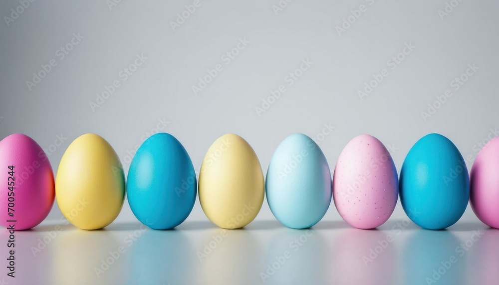 a row of colored eggs sitting in a row on a table next to each other on top of a white table with a gray wall in the background and a gray background. a row of colored eggs sitting in a row on a table next to each other on top of a white table with a gray wall in the background and a gray background.