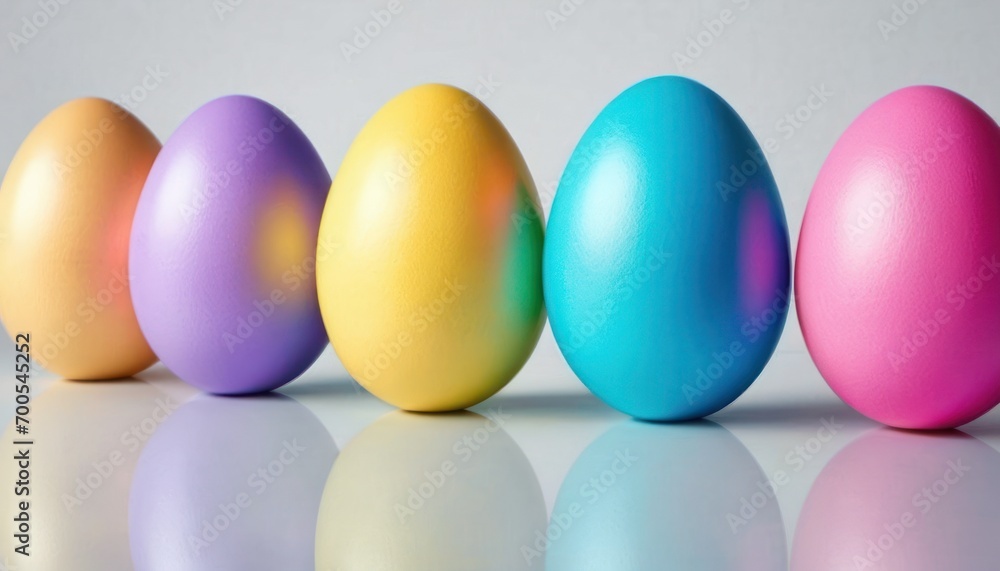  a row of brightly colored eggs sitting on top of a white table next to each other on top of a reflective surface in front of a gray background with a white wall.