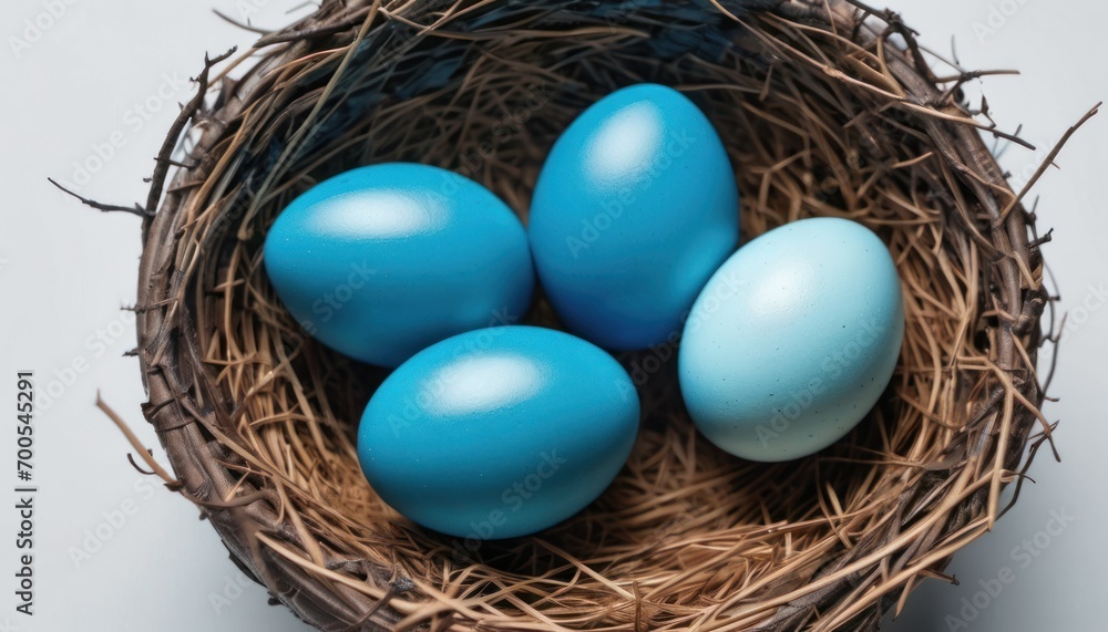  a nest filled with blue eggs on top of a white table next to another nest filled with blue eggs on top of a white table next to each other nest.