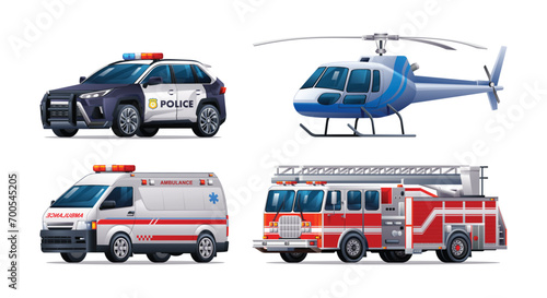 Emergency vehicle set. Police car, fire truck, ambulance and helicopter. Official emergency service vehicles side view vector illustration